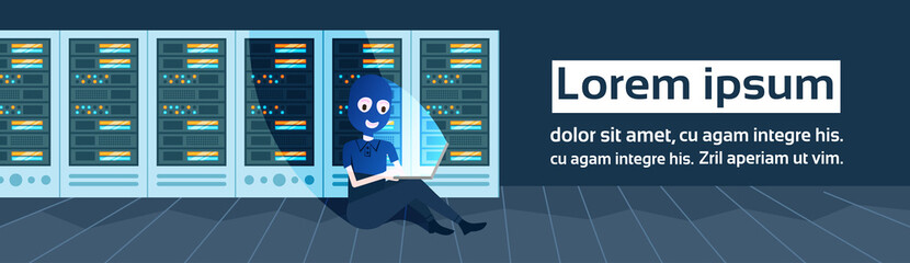 girl black mask hacker attack data privacy over data storage center with hosting servers and staff, computer technology, network and database, internet center, communication support, flat copy space © mast3r