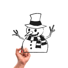 woman hand with pencil draws snowman on white isolated background