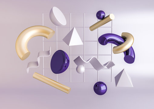 3d render realistic primitives composition. Flying shapes in motion isolated on purple background. Abstract theme for trendy designs. Spheres, torus, tubes, cones in metallic gold and violet colors.