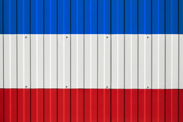National flag of France on fence. Symbolizes entry ban or prohibition for crossing border of country