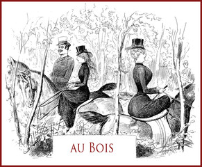 French satirical magazine La vie Parisienne 1888, riding at Bois de Boulogne, portraits, caricatures and humor