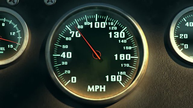 Close up shot of dashboard with speedometer in the speeding race car. 4K