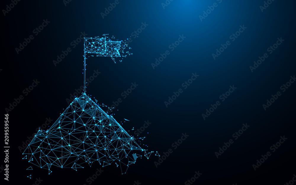 Fototapete flag on the top of mountain form lines, triangles and particle style design. illustration vector