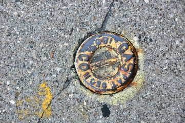 gas main access port in a city sidewalk