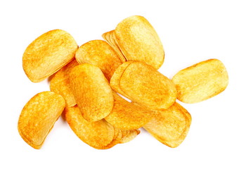 Barbecue flavored potato chips isolated on white background, top view