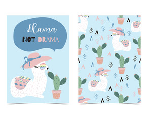 Hand drawn cute card with llama,cactus ,hat in summer.Llama not drama