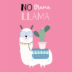 Hand drawn cute card with llama,cactus.No drama © piixypeach