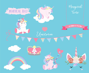 Hand drawn cute card with unicorn,cake,rainbow,cloud,flag,ribbon and glasses.Magic time