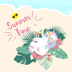 Travel greeting card with unicorn,leaf,flower on the sea in summer time