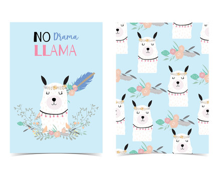 Hand drawn cute card with llama,arrow,wreath,flower,leaf.No drama llama