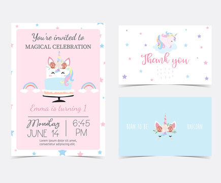 Hand drawn cute card with unicorn,cake,rainbow,star and glasses