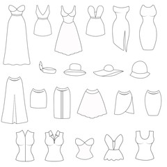 Naklejka premium Set of female icons with thin line outline female clothes set. Dresses, hats, top and shirts, pants and skirts isolated on white background. Linear icons.