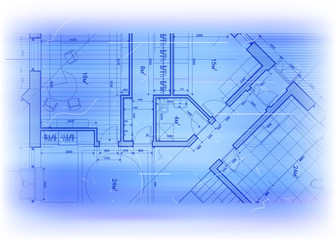 architectural blueprint - the architectural plan of the house on a bright blue technological background with dust and scratches. The edges of the blueprint soft transition to white background / vector