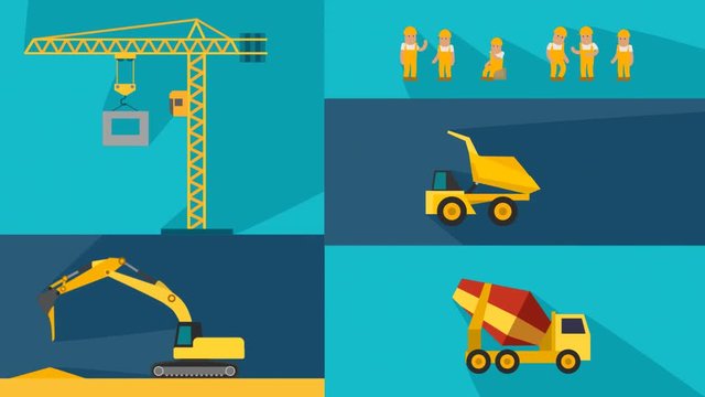 Flat vector construction equipment and workers animation collage