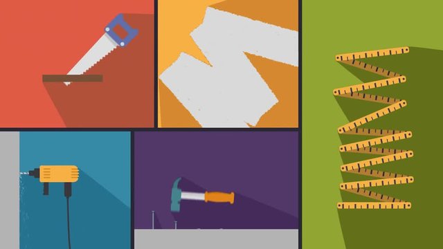 Flat Vector Animation of Carpentry Tools Saw Drill Hammer Tape