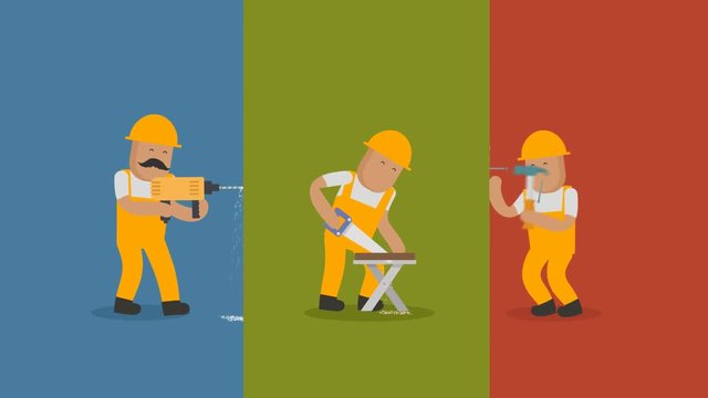 Three cartoon construction workers drilling sawing and hammering