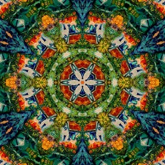 Original oil painting mandala. Mystic pictorial art. Magic sacred geometry. Meditative indian artwork. Feng shui and yoga traditional design pattern. Fantasy fractal symmetric creative print.