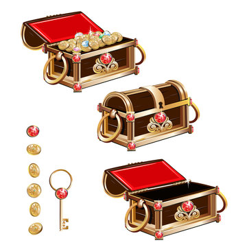Treasure chest with gold coins and precious stones