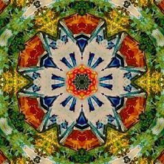 Original oil painting mandala. Mystic pictorial art. Magic sacred geometry. Meditative indian artwork. Feng shui and yoga traditional design pattern. Fantasy fractal symmetric creative print.