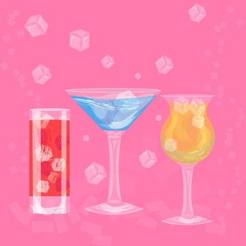 glasses of colorful drinks with ice cubes, set of summer tropical cocktail isolated on pink background vector illustration
