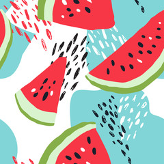 Fototapety  Minimal summer trendy vector tile seamless pattern in scandinavian style. Watermelon, abstract elements. Textile fabric swimwear graphic design for pring.