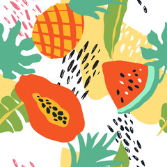 Fototapety  Minimal summer trendy vector tile seamless pattern in scandinavian style. Watermelon, pineapple, papaya, palm leafs, abstract elements. Textile fabric swimwear graphic design for pring.