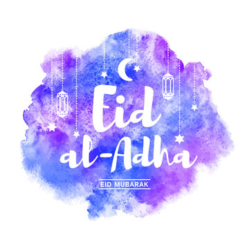 Eid al-Adha, eid mubarak watercolor vector greeting card, illustration with lettering, typography composition and flat style crescent moon, stars, lanterns.  Rounded watercolour texture background.