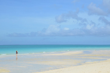 Fototapeta na wymiar Beautiful beach holiday at Boracay Island with a woman standing on the beach at facing the sea.