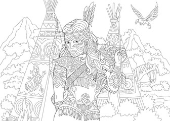 Native American Indian. Apache Woman. Coloring Page. Colouring picture. Adult Coloring Book idea. 