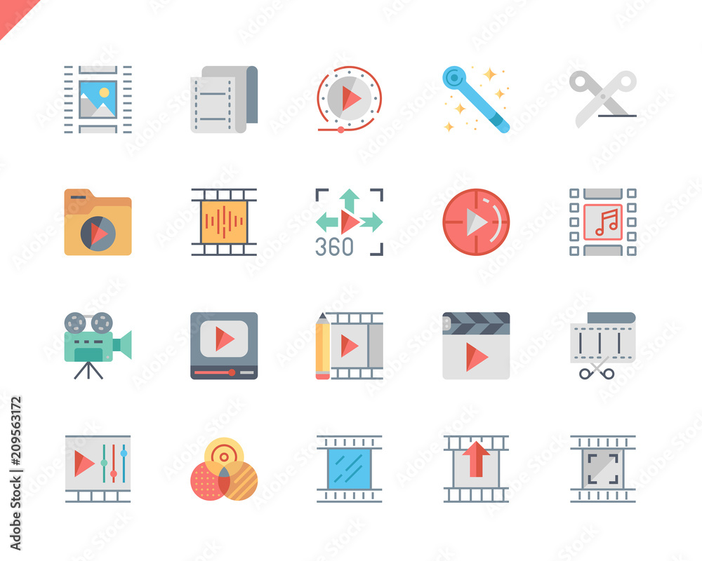 Poster Simple Set Video Editing Flat Icons for Website and Mobile Apps. Contains such Icons as Camera, Multimedia, Filters, Frame, Photography. 48x48 Pixel Perfect. Vector illustration.