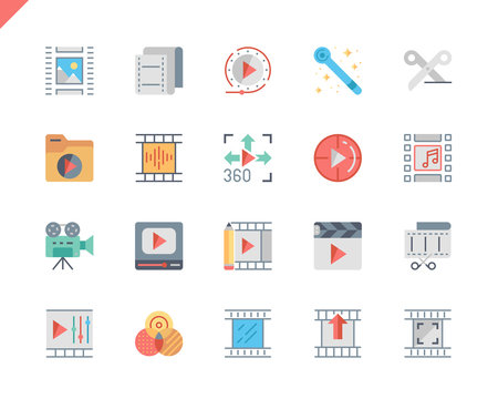 Simple Set Video Editing Flat Icons for Website and Mobile Apps. Contains such Icons as Camera, Multimedia, Filters, Frame, Photography. 48x48 Pixel Perfect. Vector illustration.