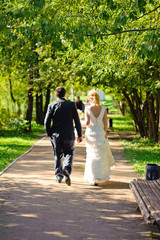 Newlyweds walk along the trees alley in the park. Wedding day in summer.