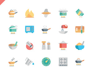 Simple Set Cooking Flat Icons for Website and Mobile Apps. Contains such Icons as Food, Boiling, Flavoring, Saucepan, Bake, Blending. 48x48 Pixel Perfect. Vector illustration.