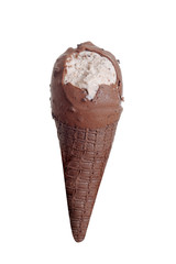 isolated chocolate ice cream cone with bite