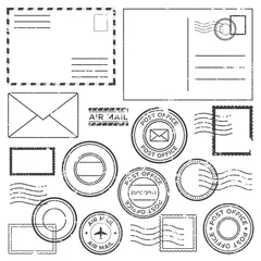  Old postal letter with postmark stamps. Antique airmail letters with plane border mark, mail stamp label and post ink cachet vector set © Tartila