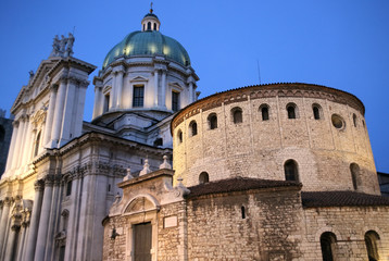 Old and New Cathedral of Brescia at twilight, UNESCO world heritage in Italy