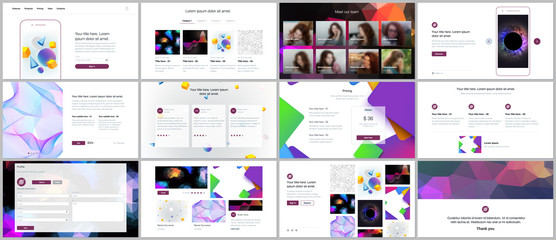 Vector templates for website design, minimal presentations, portfolio with vibrant geometric backgrounds made simple shapes in hipster style. UI, UX, GUI. Design of headers, features page, blog etc