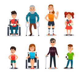 Disability people. Cartoon sick and disabled characters. Person in wheelchair, injured woman, elderly man and sickness child vector set