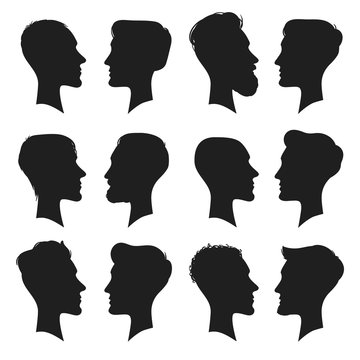 Adult male head profile silhouette. Man icon. Fashion people haircut or hairless men heads silhouettes isolated vector illustration