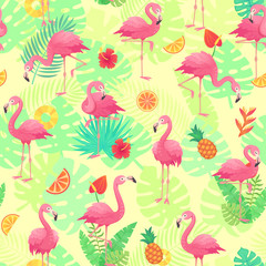 Exotic pink flamingos, tropical plants and jungle flowers monstera and palm leaves. Tropic flamingo cartoon seamless vector background pattern