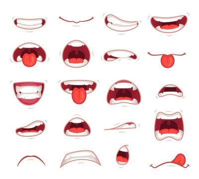 Cartoon Mouths. Facial Expression Surprised Mouth With Teeth Shock Shouting Smiling And Biting Lip Vector Illustration