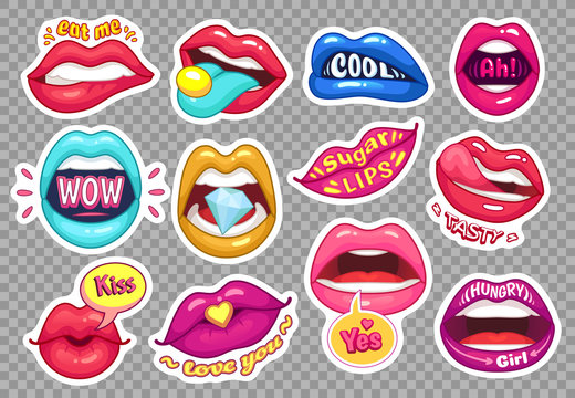 Sticker lips. Provocative girl mouths cartoon sensual stickers. Girls fashion patches. Provocation woman mouth illustration vector set