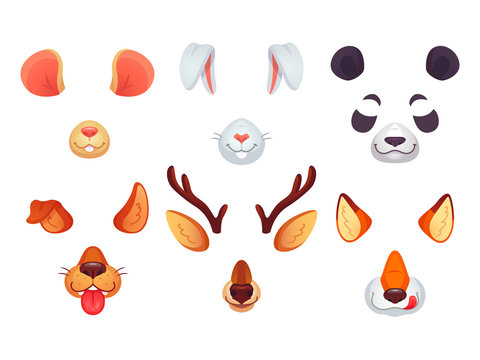 Cartoon phone masks. Funny animals ears, tongue and eyes. Brown dog bunny red fox panda bear mouse and deer mask. Animal faces vector set