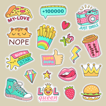 Teenage badge with fashion sneakers, food and camera vector isolated stickers