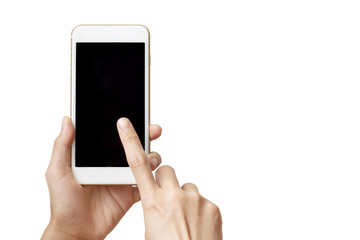 Hand holding smartphone and touch on blank black screen on pink background with clipping path