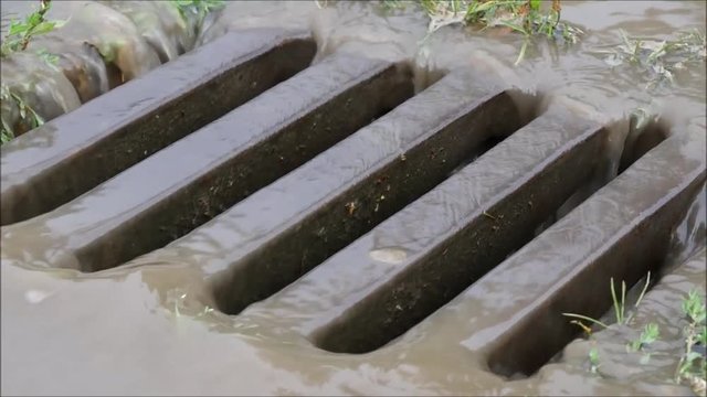 Wasser flie&szlig;t in den Gulli nach einem Unwetter