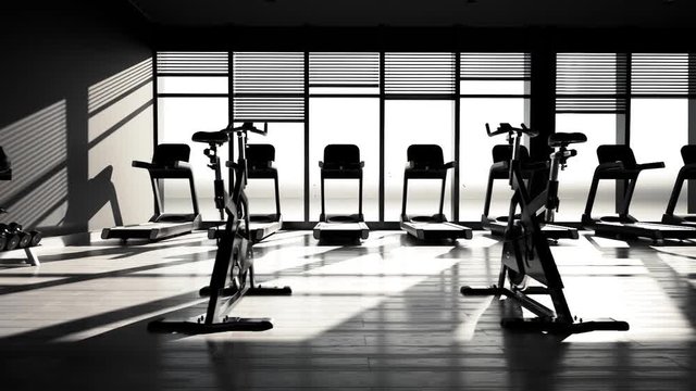 Black And White Modern Gym or fitness center Interior. Sport, heatlh concept