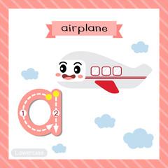 Letter A lowercase cute children colorful transportations ABC alphabet tracing flashcard of Airplane for kids learning English vocabulary and handwriting Vector Illustration.