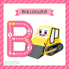 Letter B uppercase cute children colorful transportations ABC alphabet tracing flashcard of Bulldozer for kids learning English vocabulary and handwriting Vector Illustration.