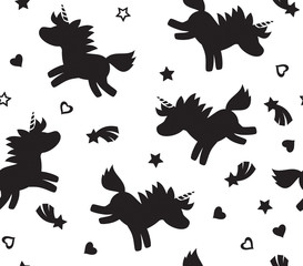 Vector unicorn seamless pattern, black  silhouettes, isolated on white.